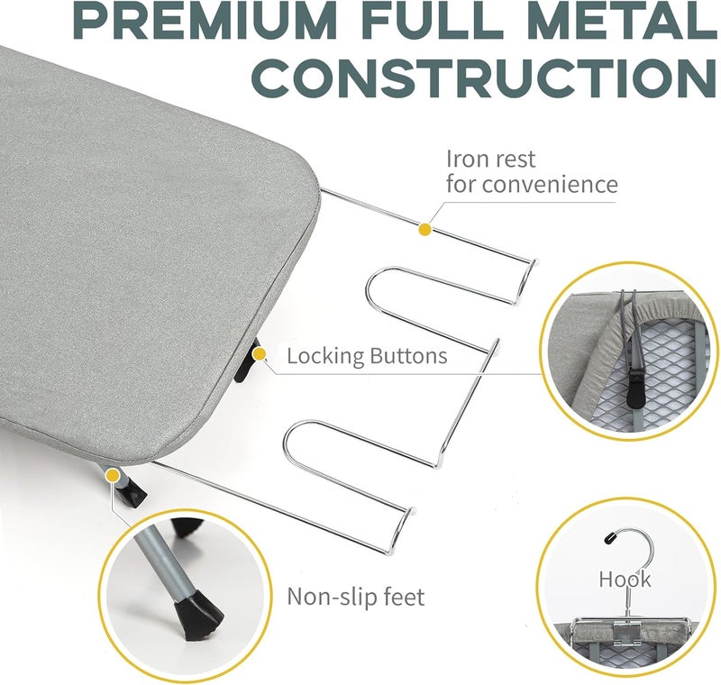 RAINHOL Metal Foldable Tabletop Ironing Board with Iron Rest, Portable Ironing Board Small with Heat Resistant Cotton Cover, Mini Iron Board for Small Space and Travel, 31"x12", Gray - Image 3